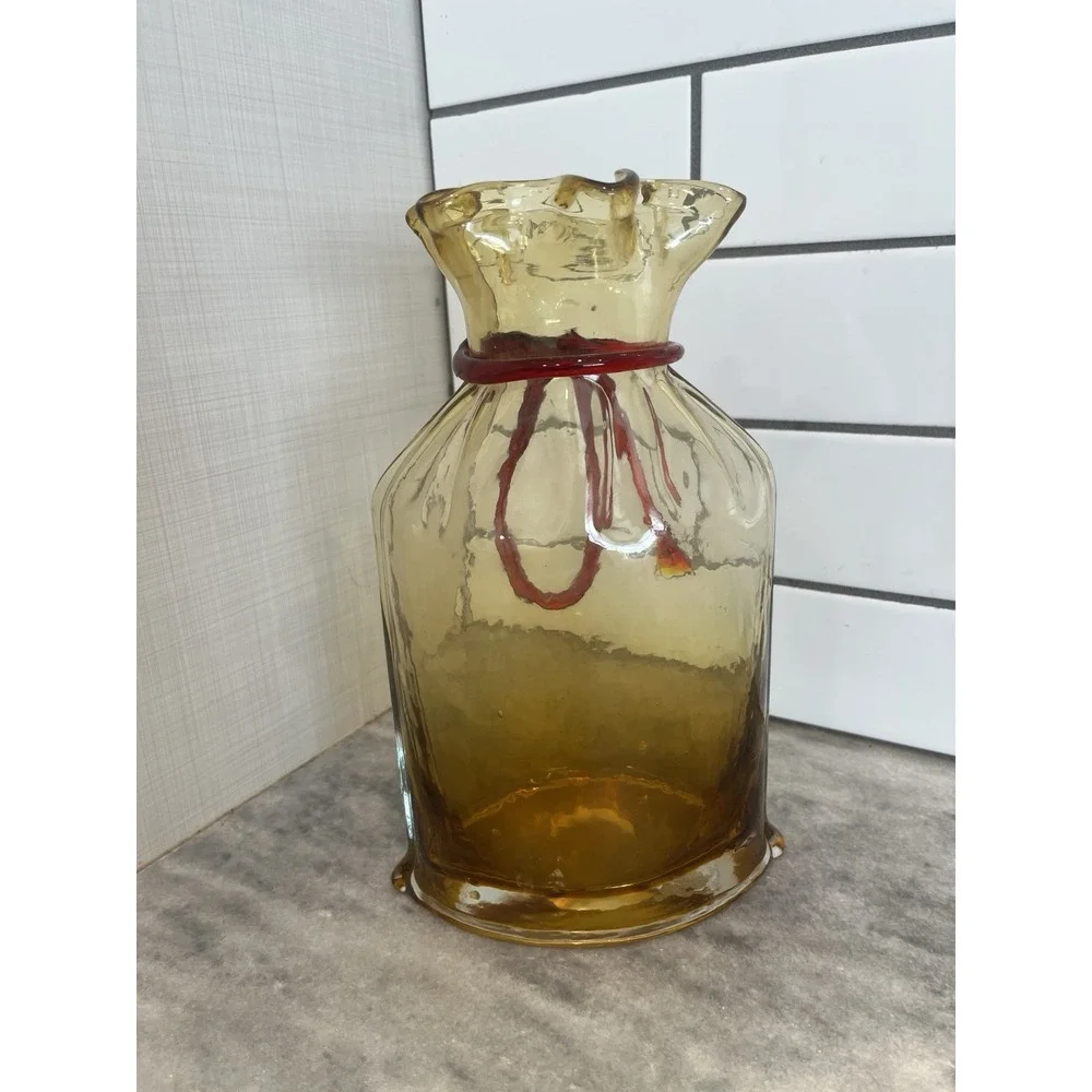 VTG Pilgrim Mustard Sack Bag Flower Vase, Red Ribbon Hand Blown. 10